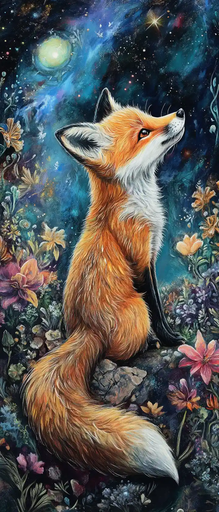 Cute fox in a painterly nature inspired dreamscape