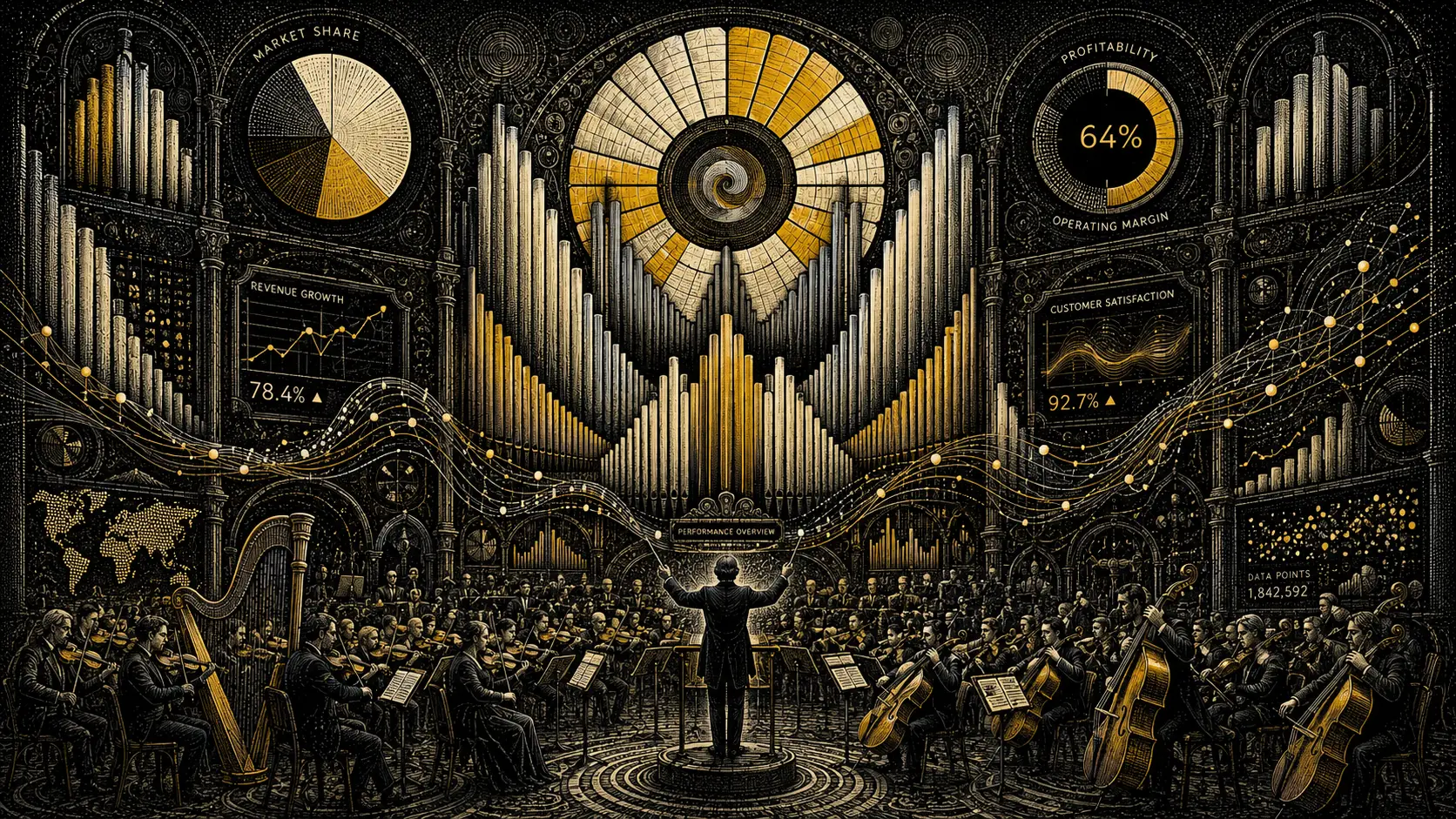 Cruscotto esecutivo reinventato come un'orchestra sinfonica surreale