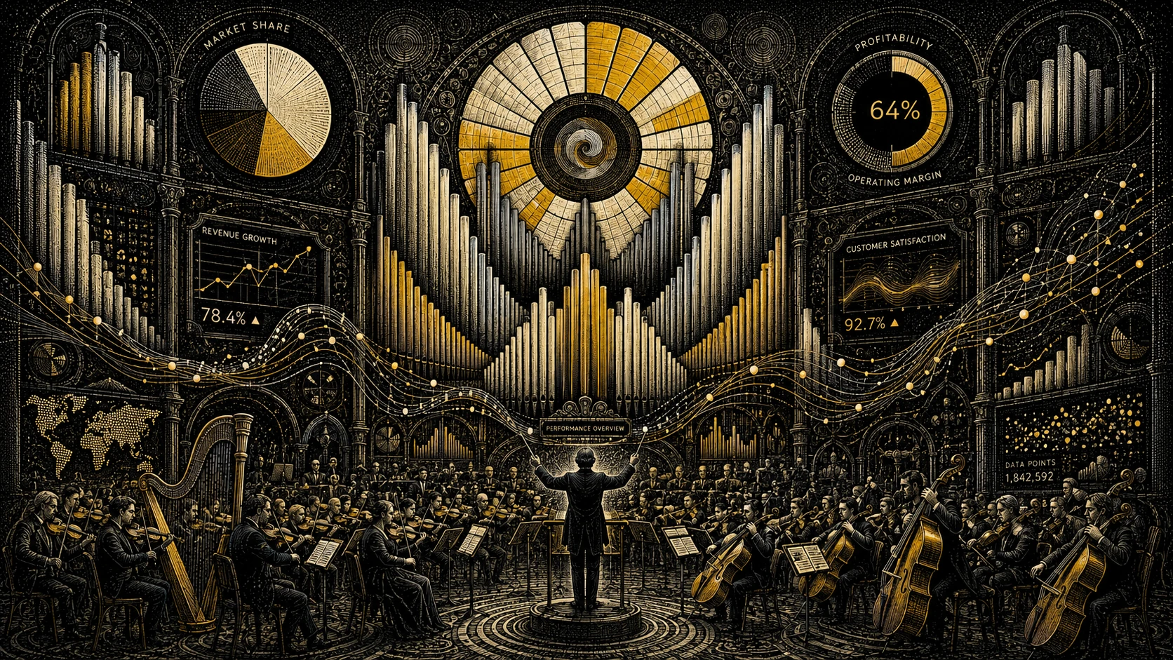 Executive dashboard reimagined as a surreal symphonic orchestra
