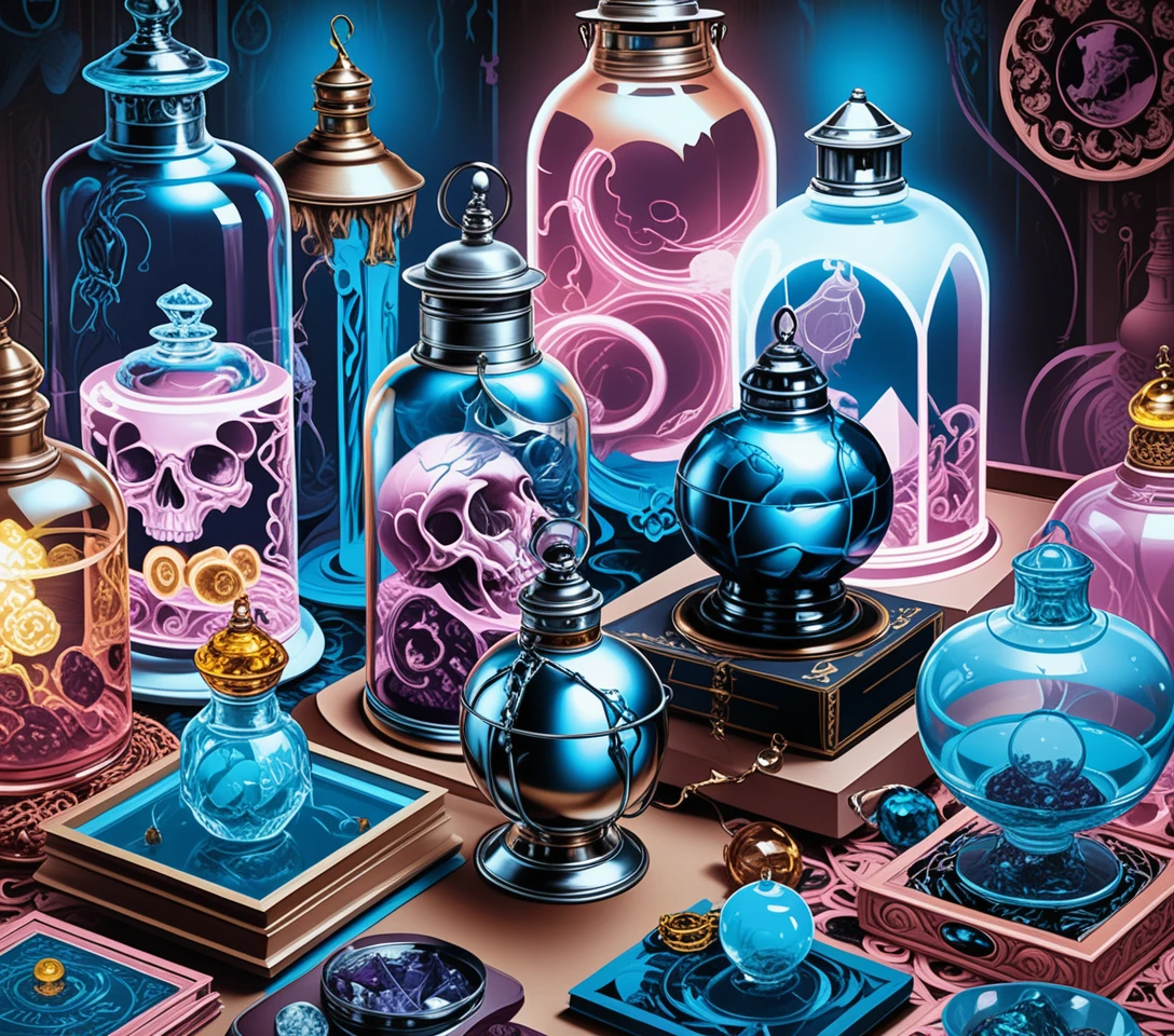 Fantasy tabletop crystals in a magical apothecary shop