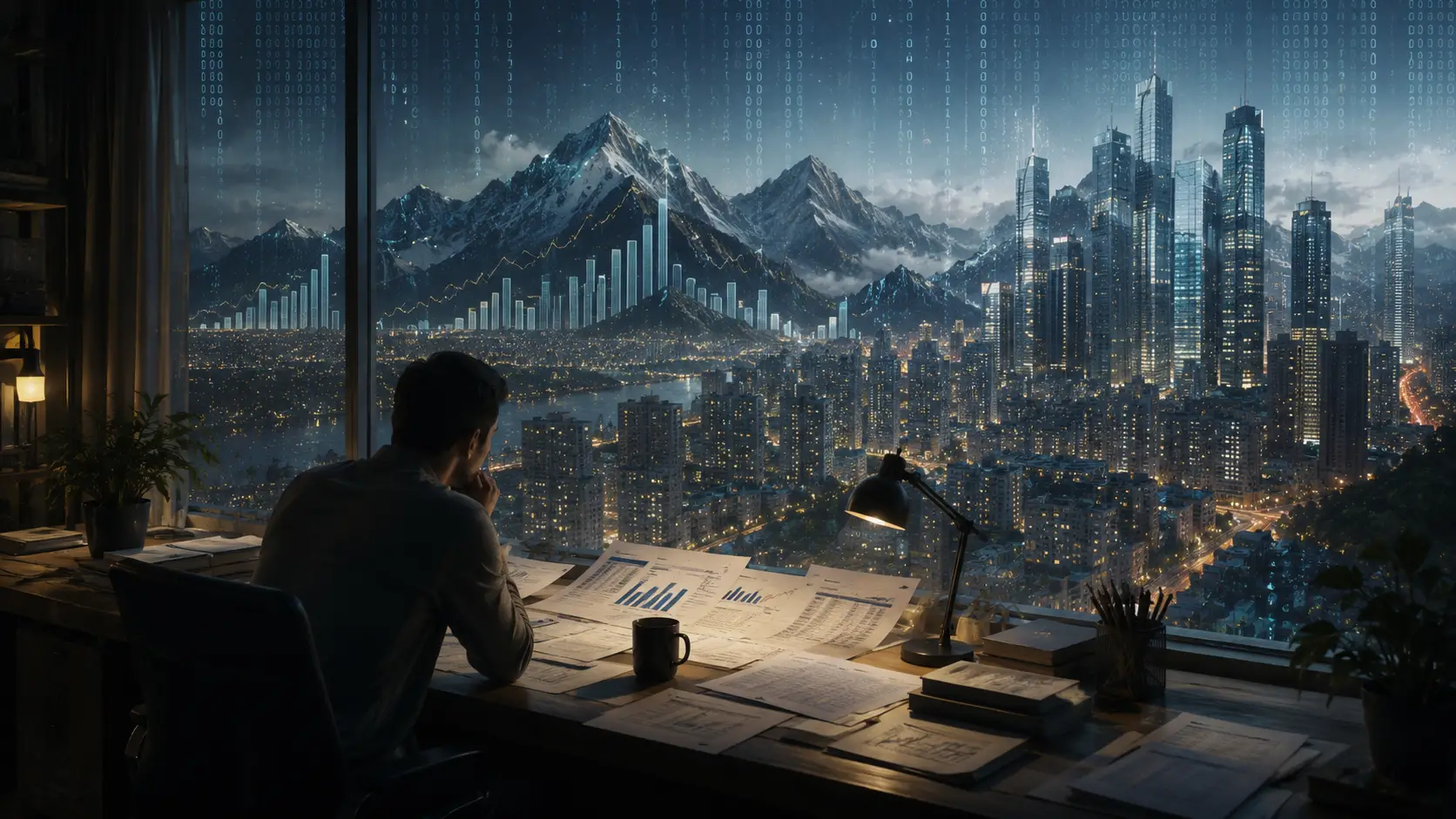 Solitary analyst studying evolving charts and graphs