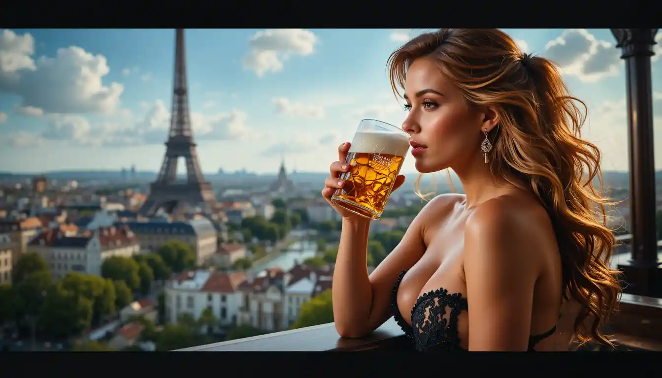 Close up of a sensual woman drinking beer with city view