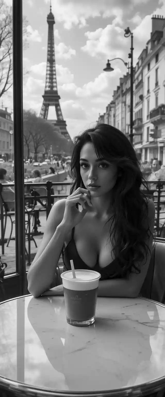 Close up of a sensual woman drinking coffee in Paris