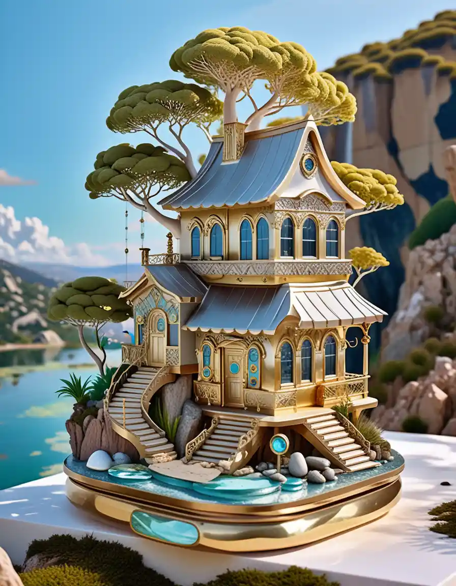 Miniature stone house diorama on a floating island