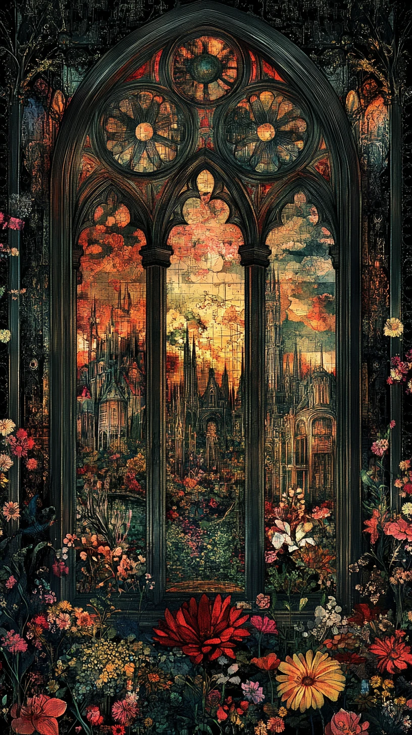 Gothic window opening onto layered surreal miniature worlds