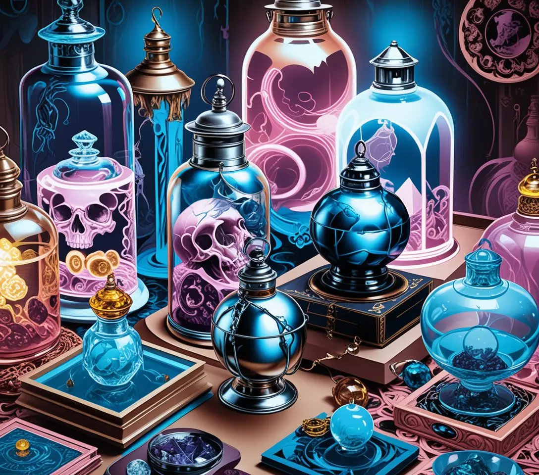 Fantasy tabletop crystals in a magical apothecary shop