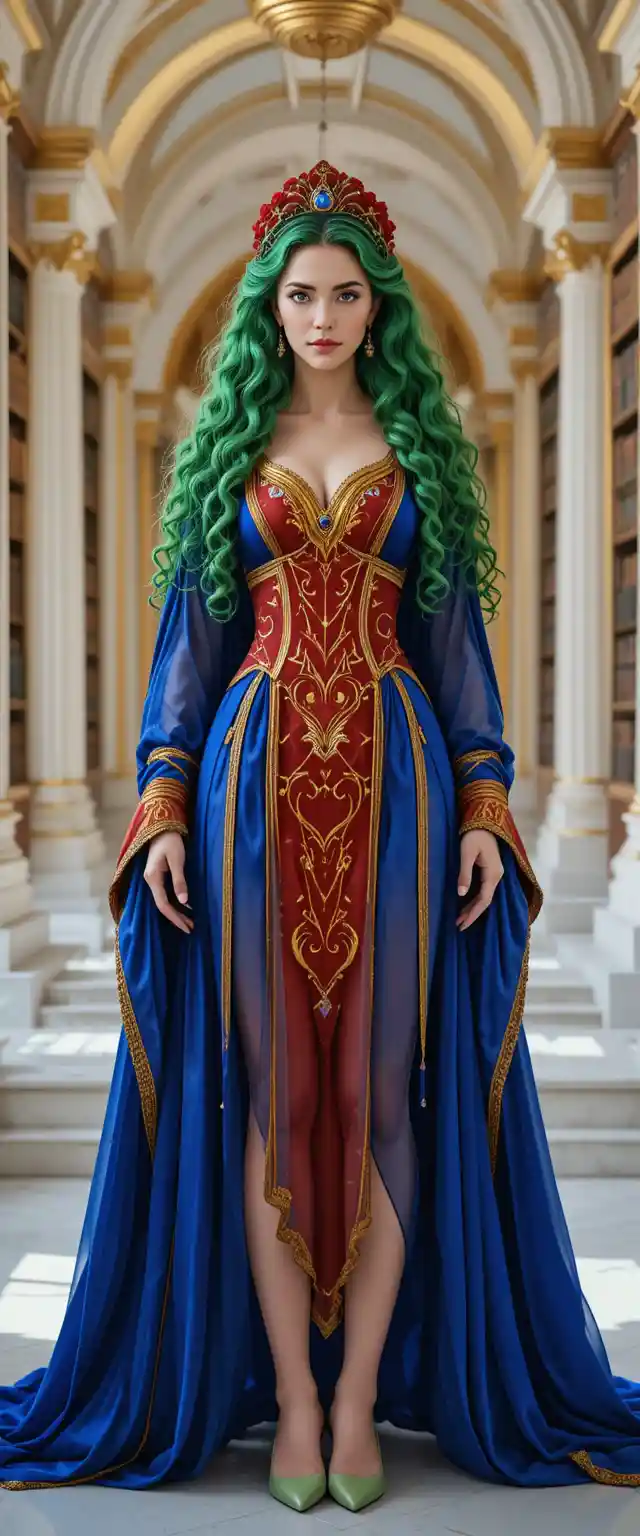 Green haired goddess in blue and red regal dress