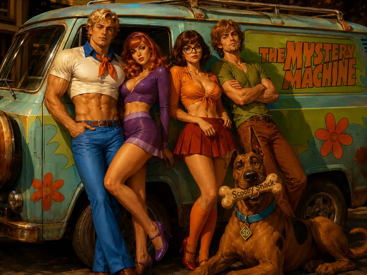 Retro mystery van crew posing with their great dane