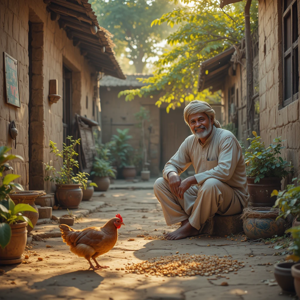 Smiling village farmer with hen in sunny courtyard