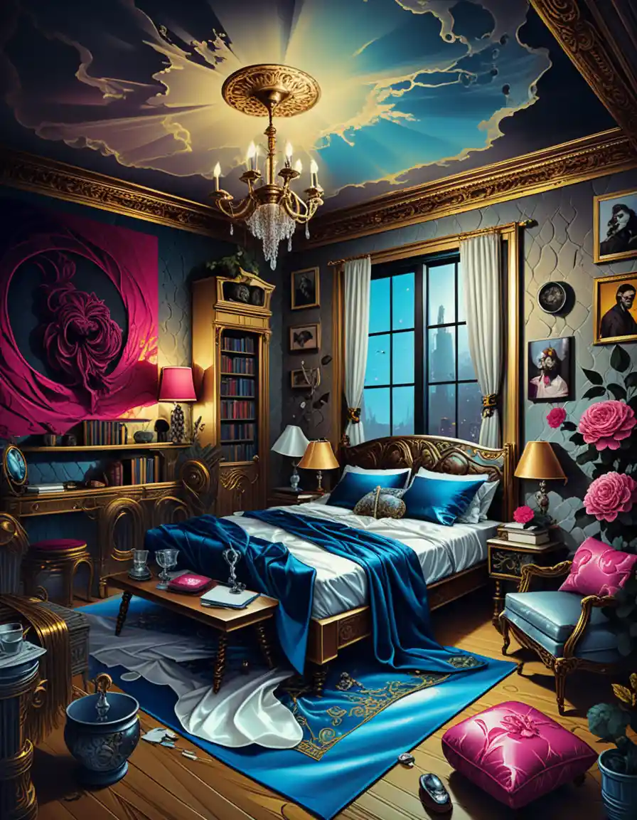 Moody eclectic 3D interior room in dark decadent style