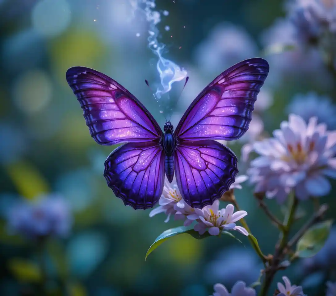 Close up purple butterfly glowing in a dreamy abstract space