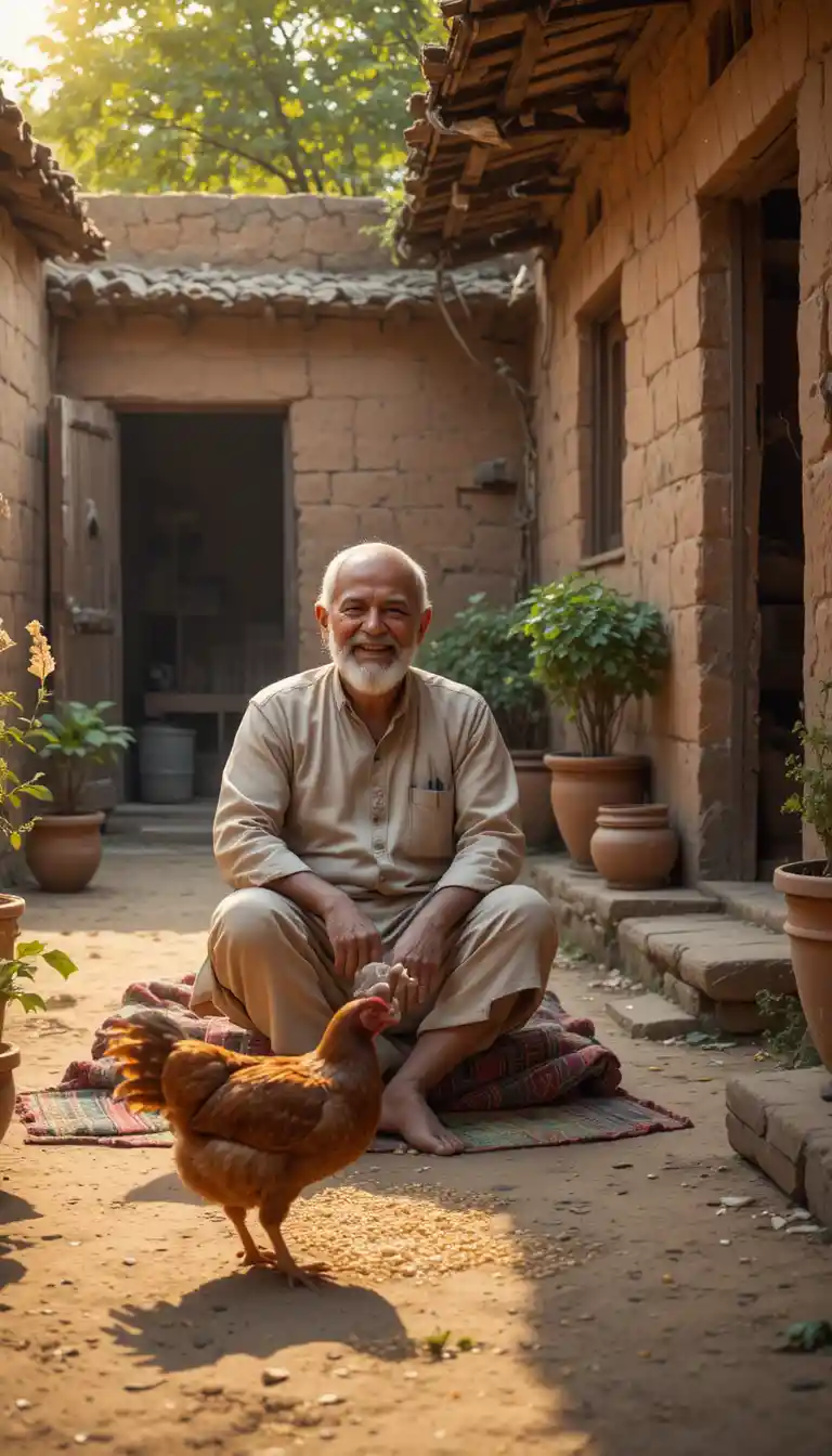 Kind farmer with hen in a sunlit village courtyard