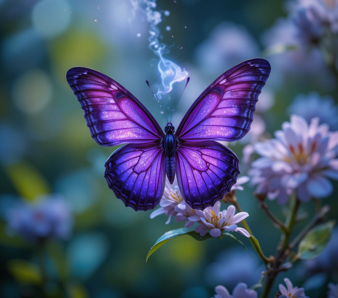 Close up purple butterfly glowing in a dreamy abstract space
