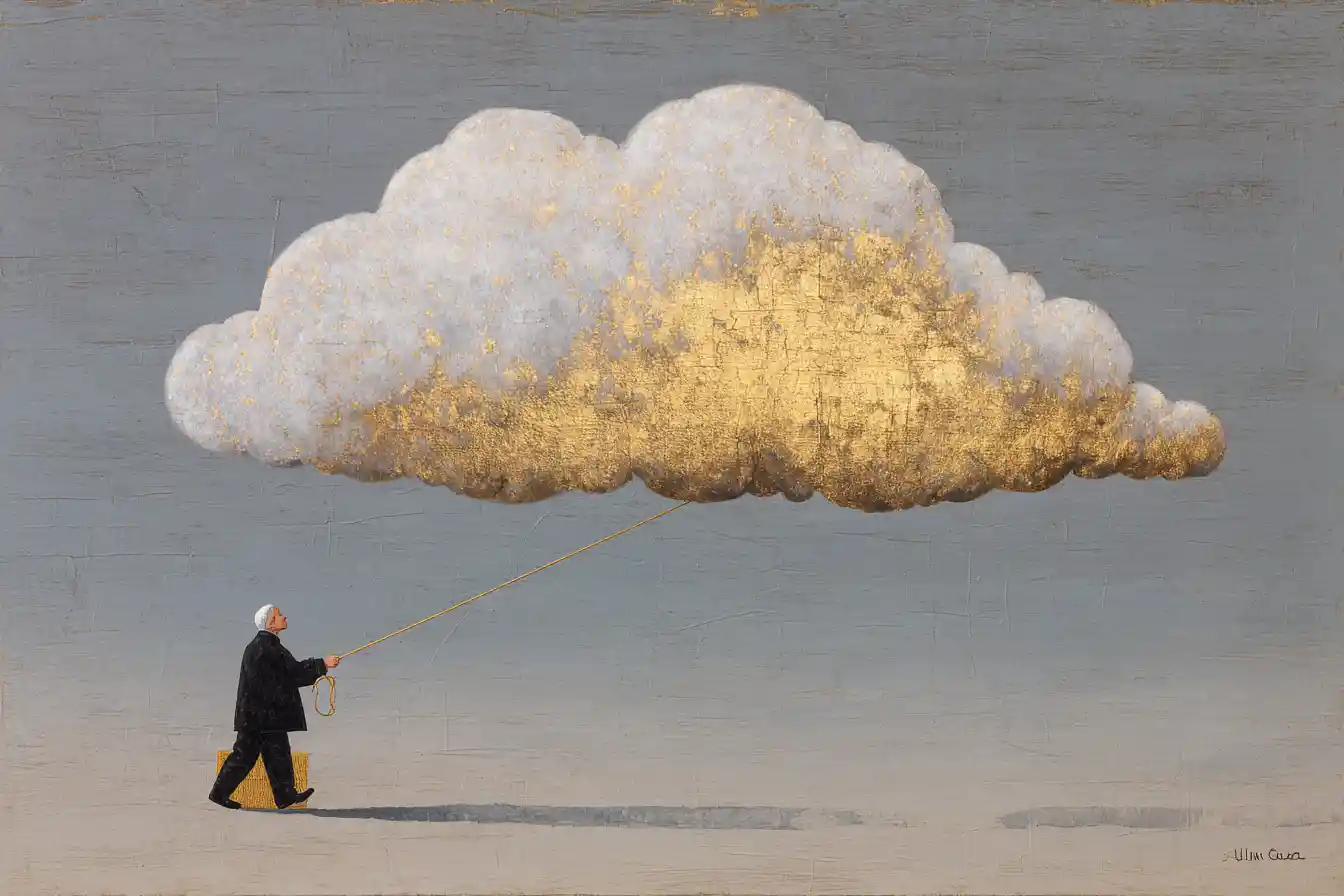 Woman Walking With A Floating Cloud As Her Sunshade