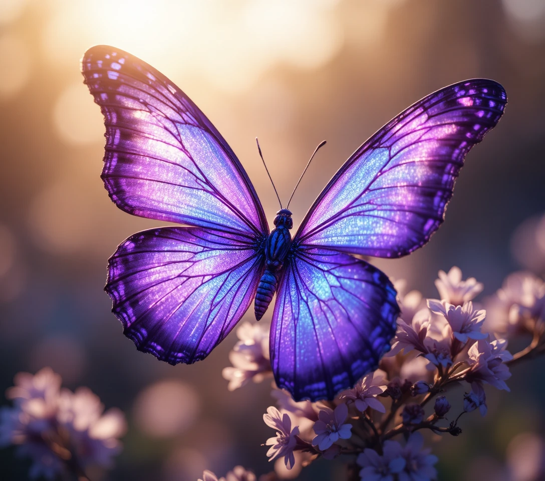 Close up of a purple butterfly with glowing wings