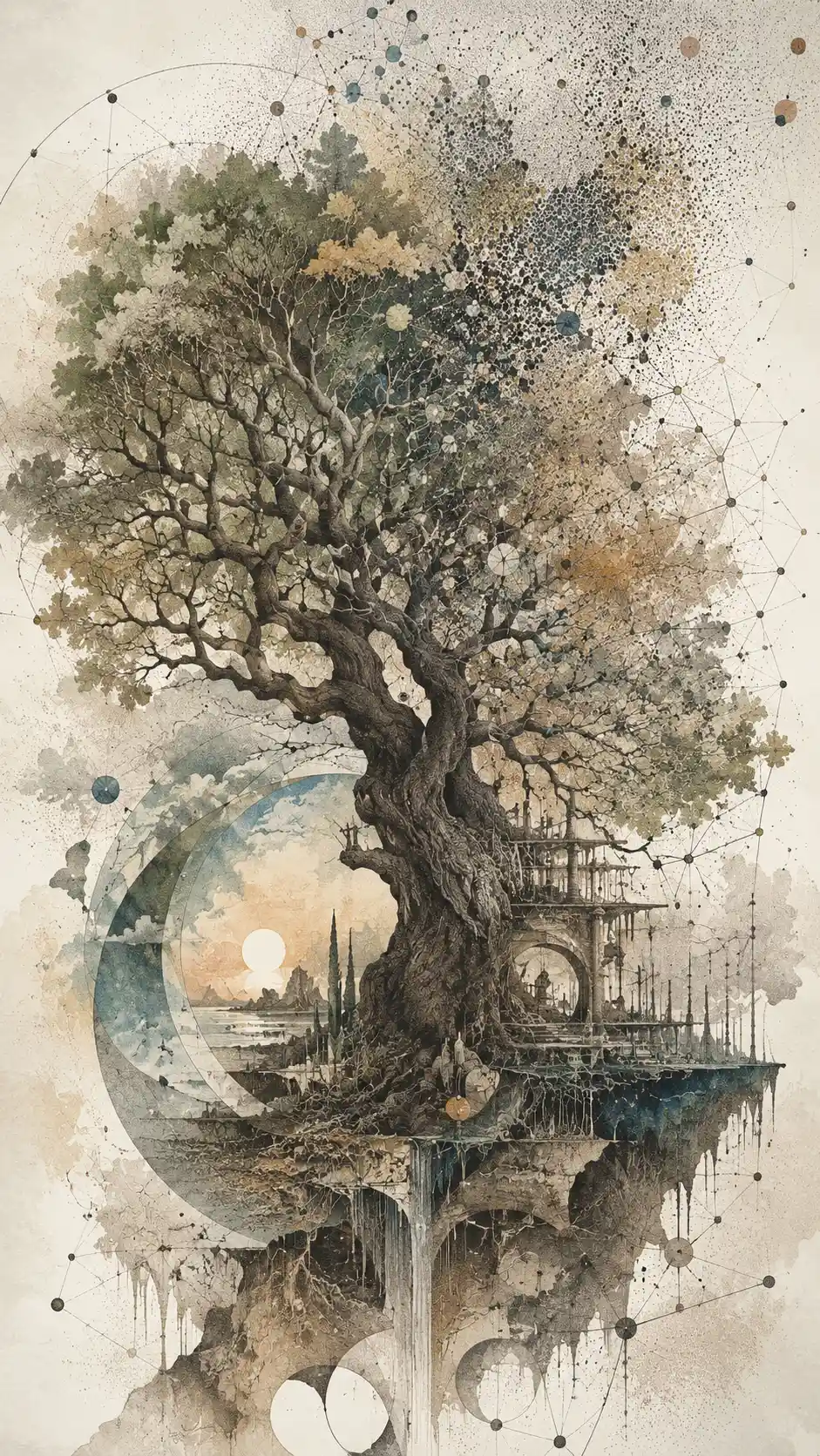 Albero antico fuso con rami matematici e costellazioni di dati