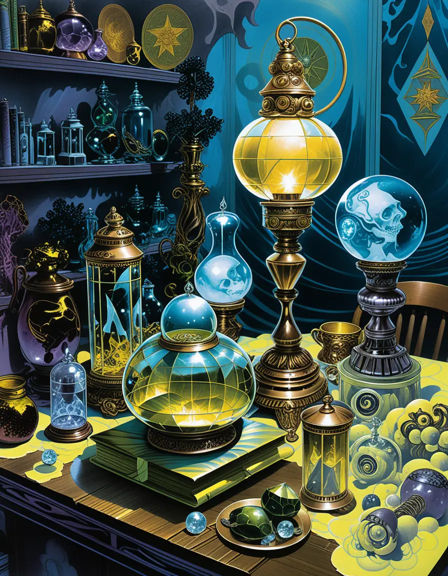 Fantasy tabletop crystals and potions in a mystical shop