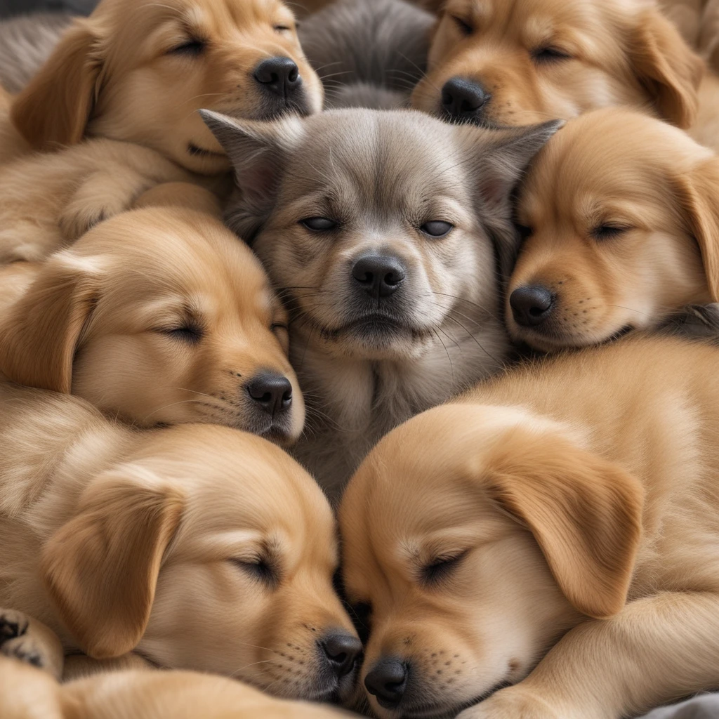 Grumpy gray cat surrounded by sleeping golden retriever puppies
