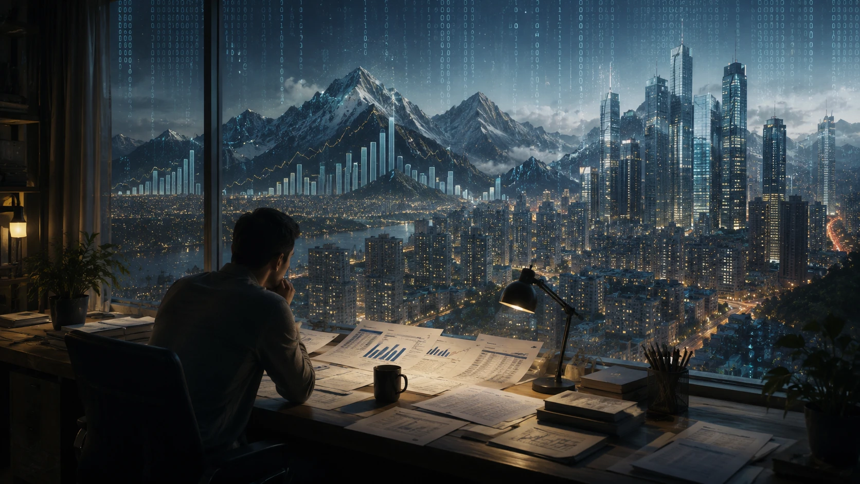 Solitary analyst studying evolving charts and graphs