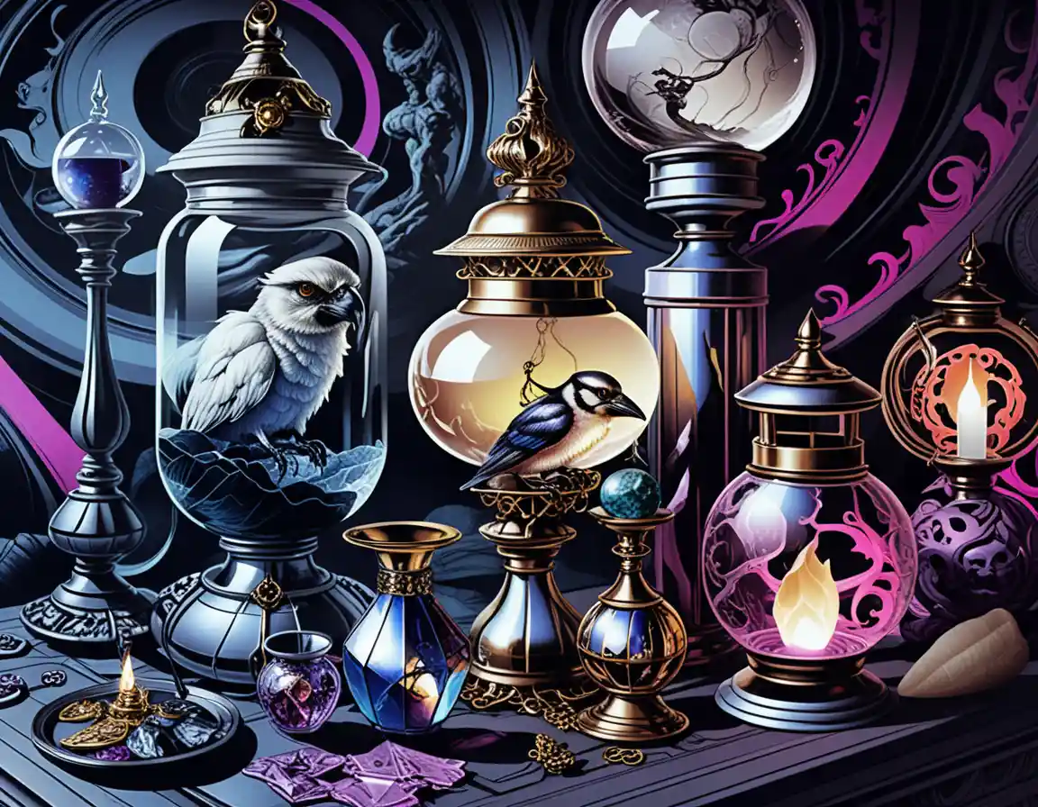 Fantasy tabletop display of crystals and magical curiosities