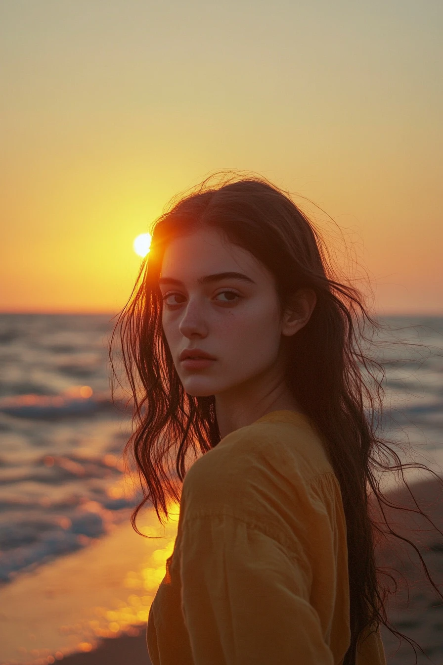 Young woman walking alone on a serene sunset beach