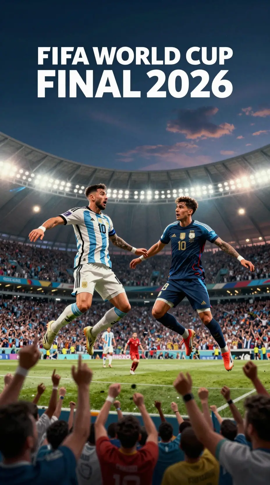 Argentine and French players clash in a dusk stadium