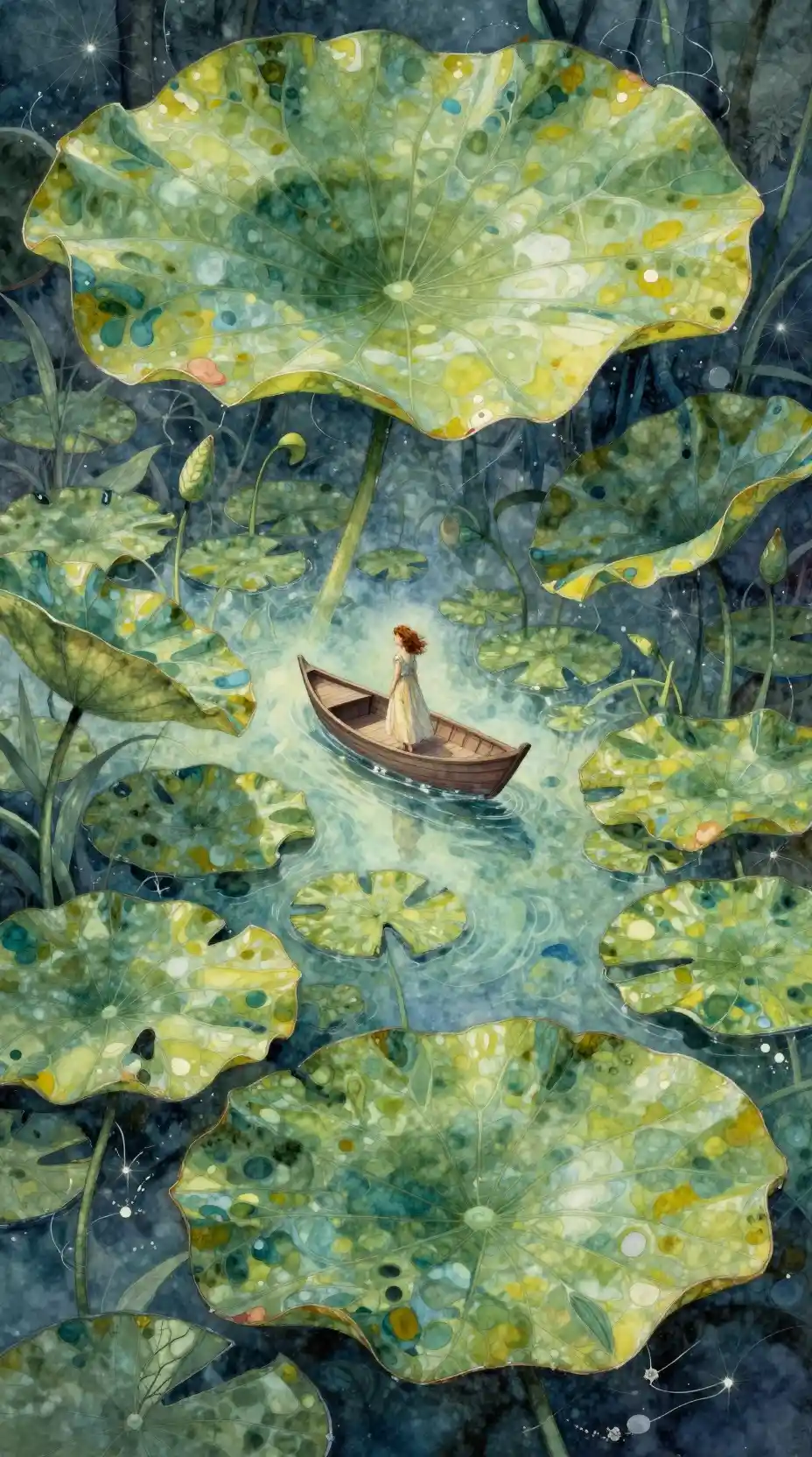 Surreal lily pad jungle with tiny girl in a boat