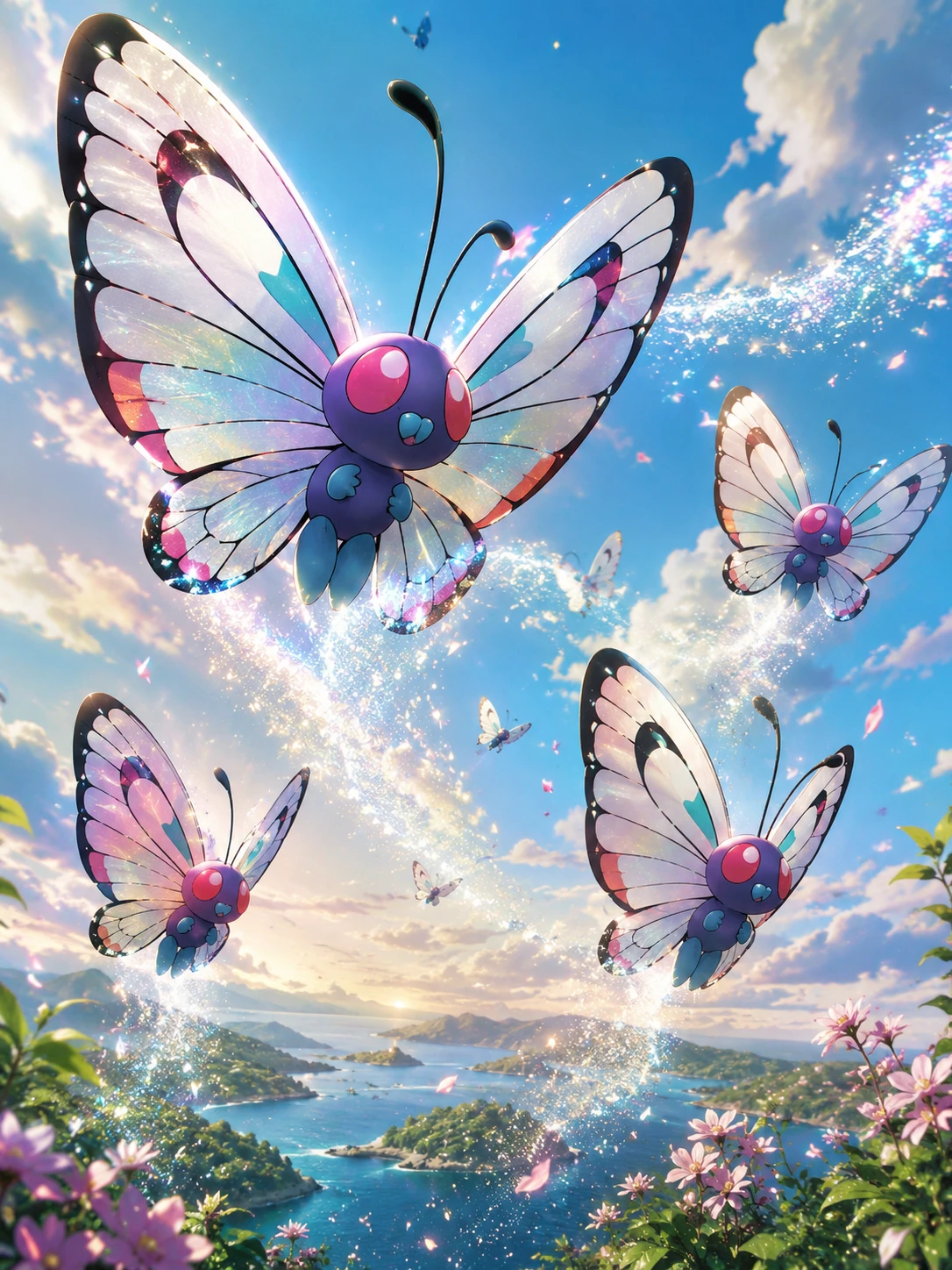 Butterfly pokemon drifting through a glowing magical sky
