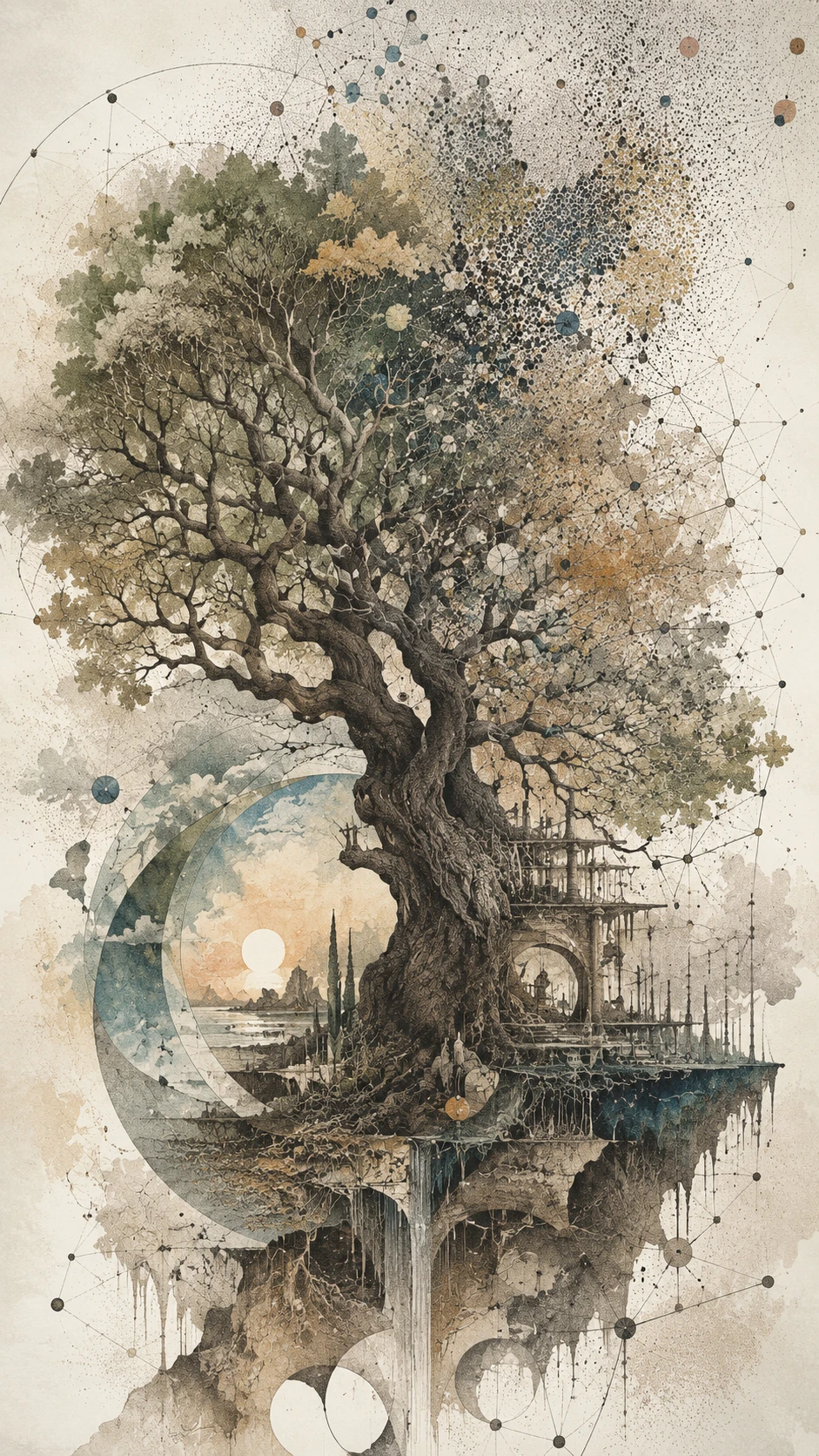 Ancient Tree Merging With Mathematical Branches And Data Constellations