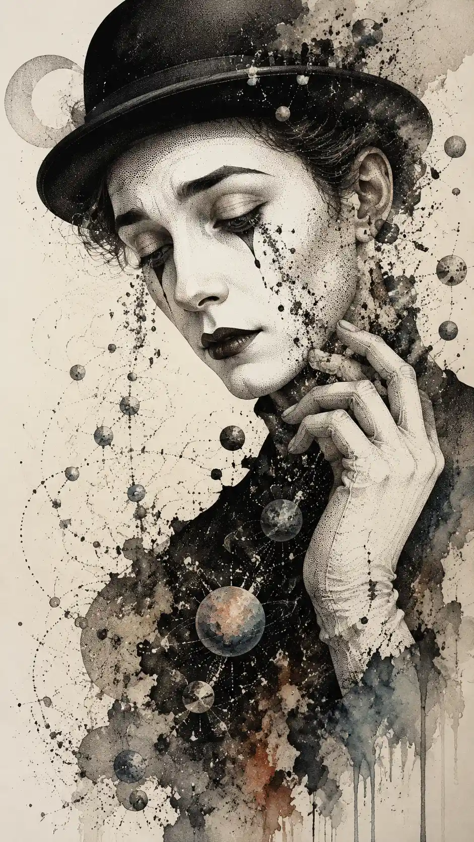 Surreal portrait of a tearful figure with orbiting dotted galaxies