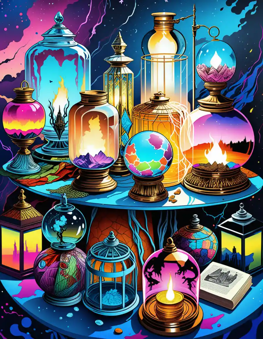 Cartoon crystals and potions on a mystical tabletop display