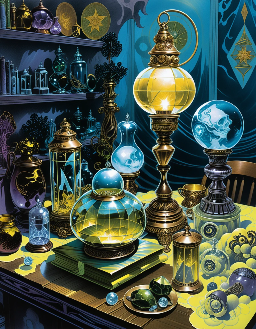 Fantasy tabletop crystals and potions in a mystical shop