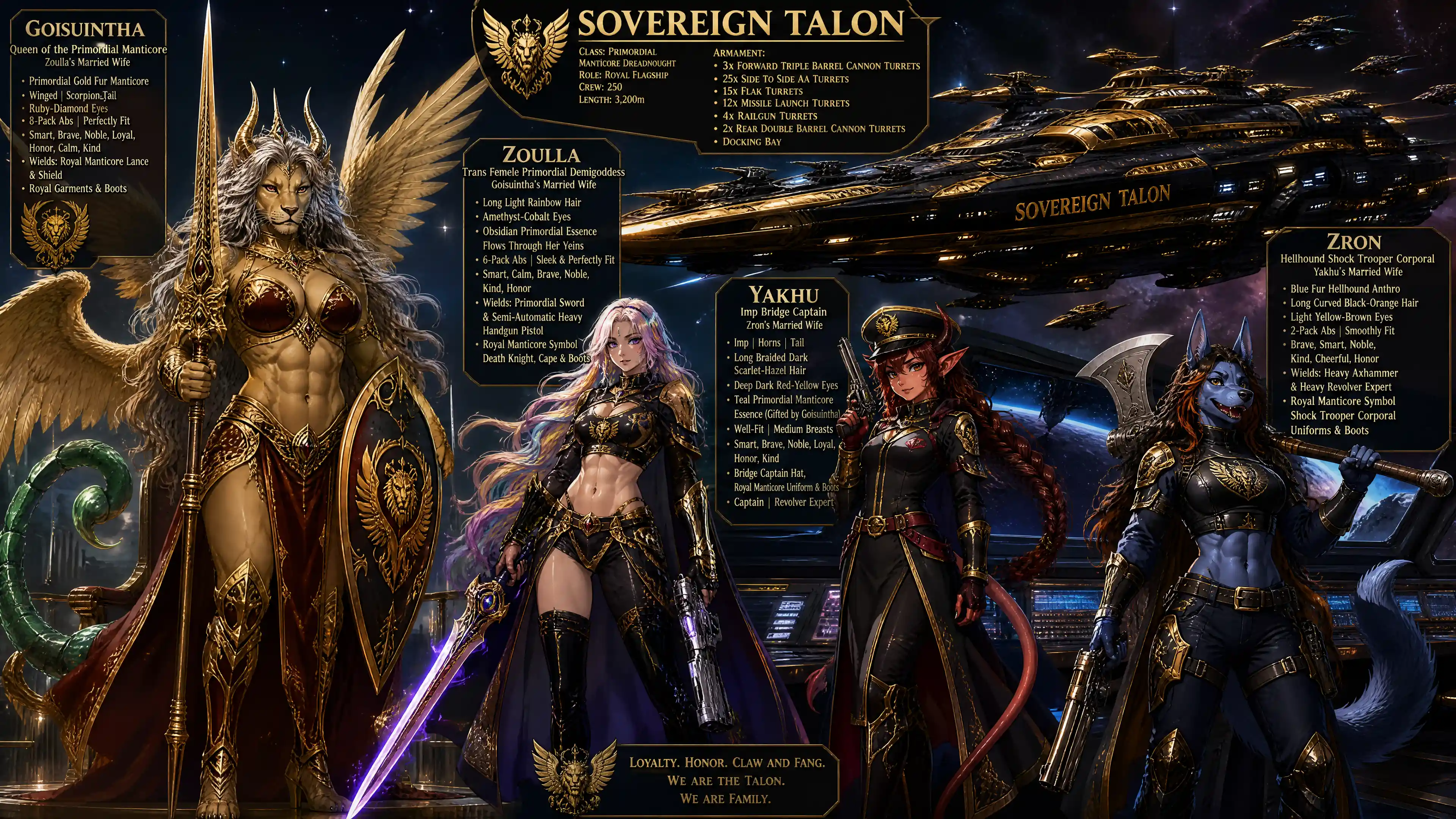 Regal winged manticore queen with silver hair and lance