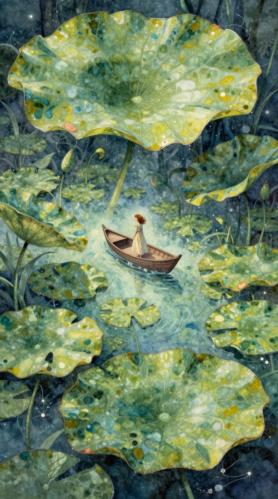 Surreal lily pad jungle with tiny girl in a boat