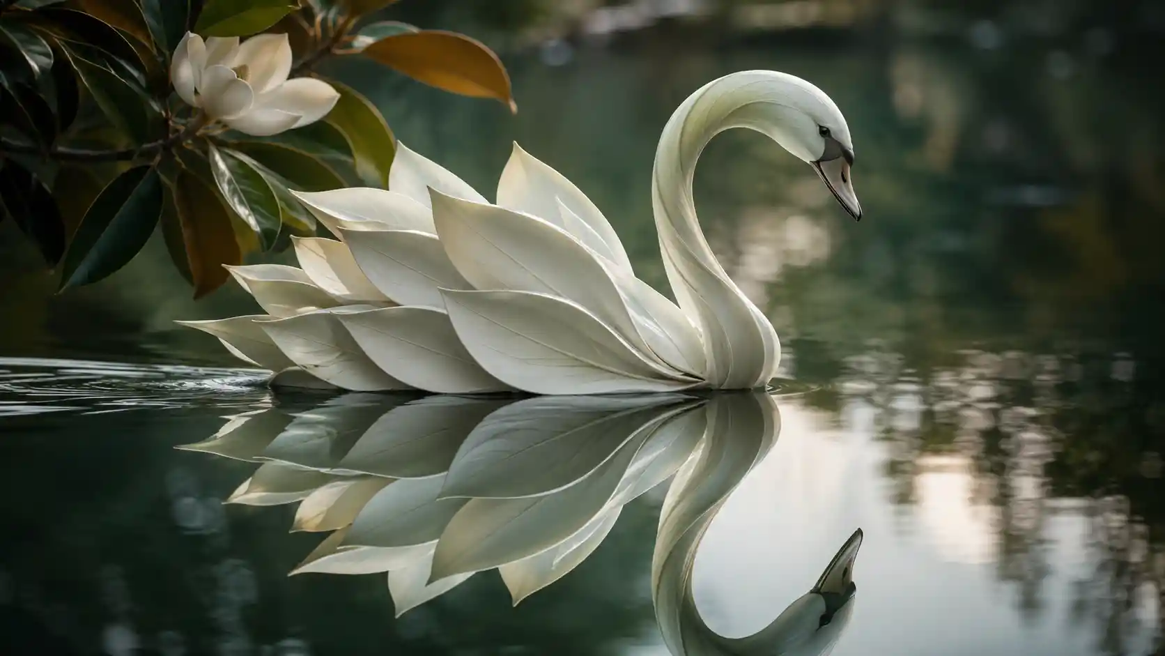 Swan Silhouette Formed By White Magnolia Leaves On Water