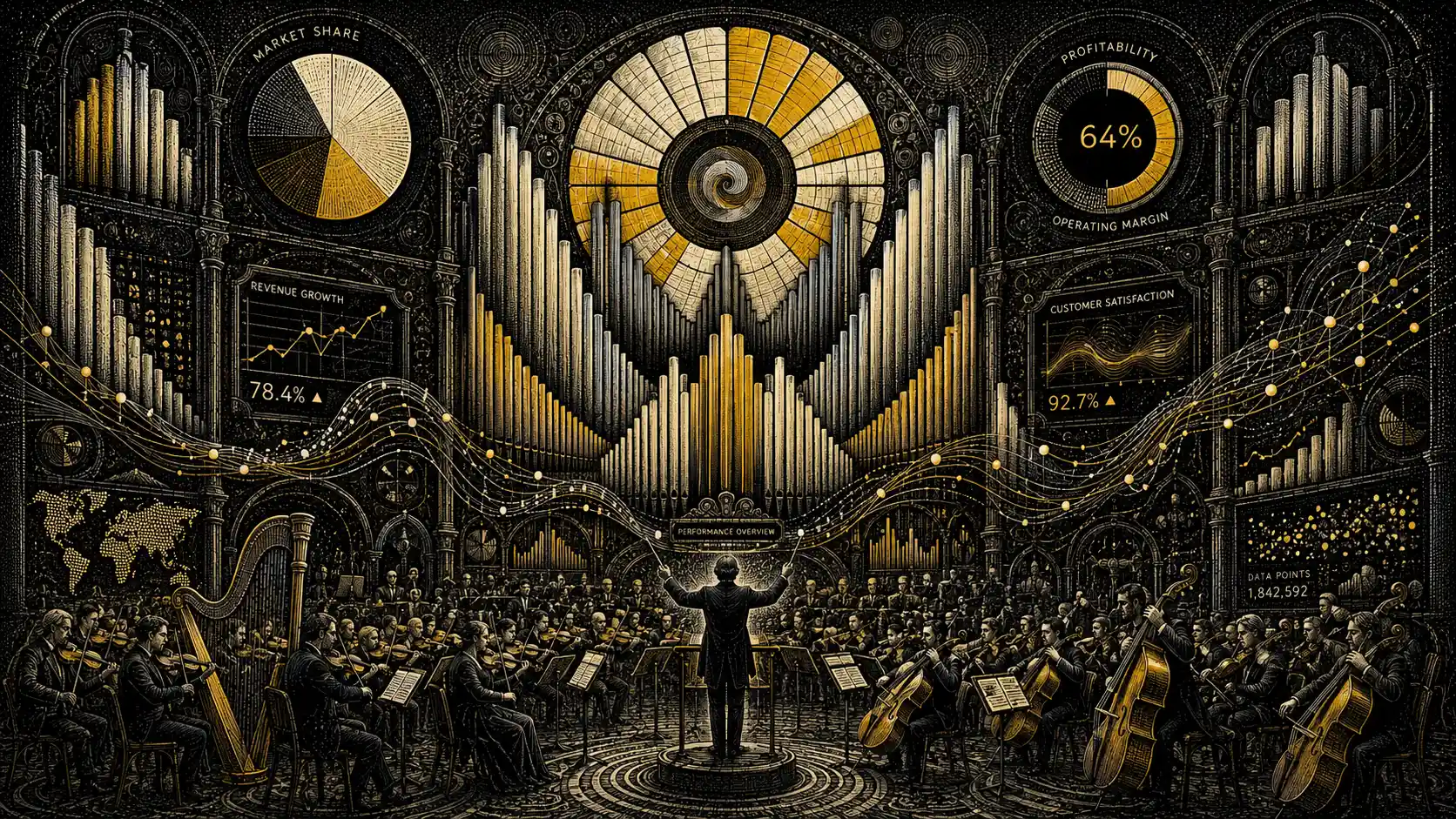 Executive dashboard reimagined as a surreal symphonic orchestra