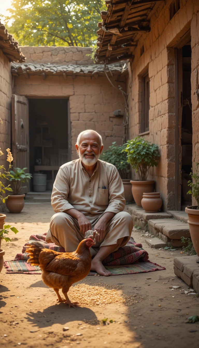 Kind farmer with hen in a sunlit village courtyard