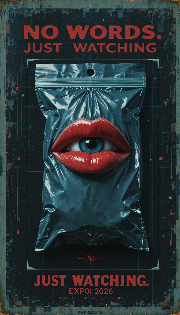 Surreal vintage poster with glossy red lips replacing an eye