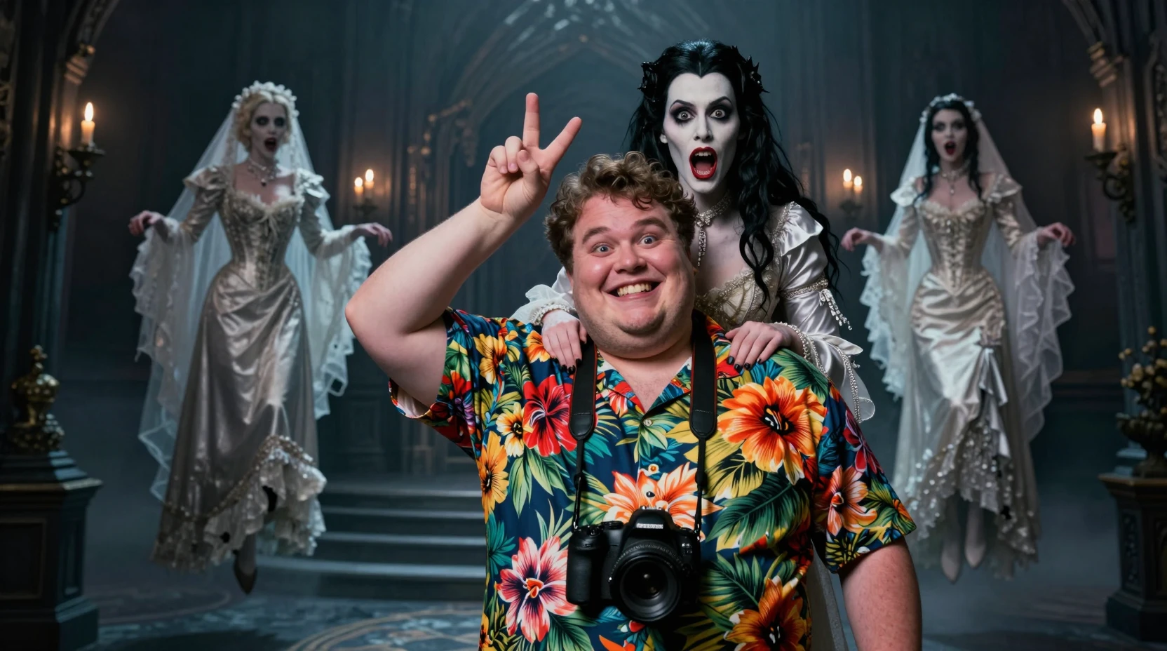 Tourist posing with vampire bride in a gothic castle hall