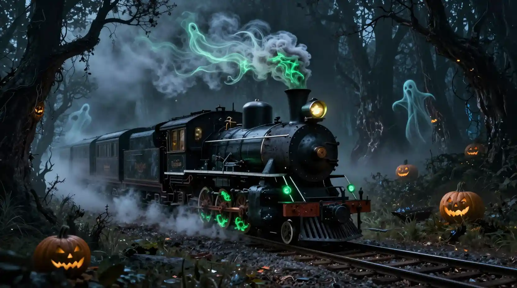 Ghost train glowing through a misty enchanted forest night