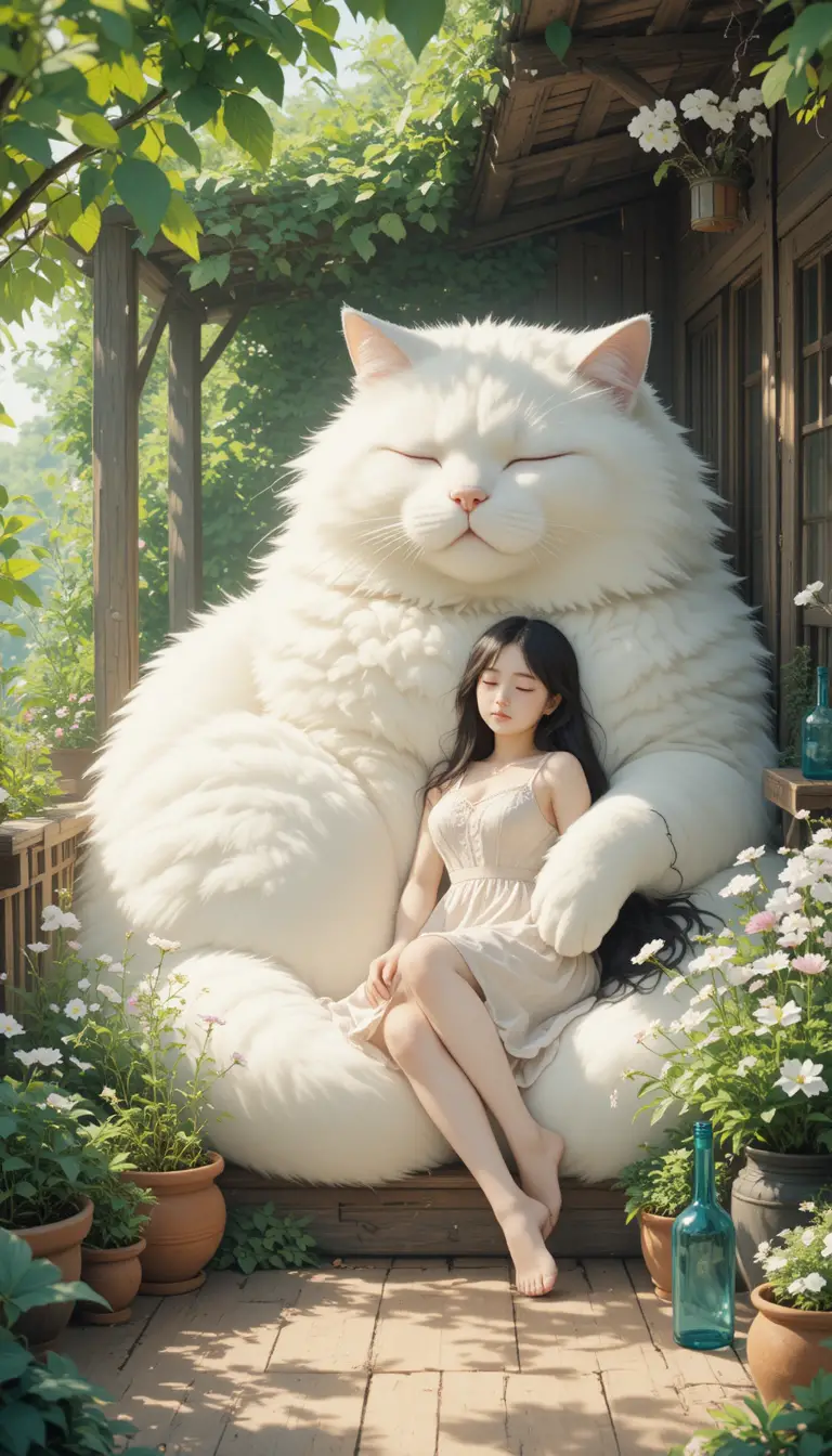 Girl Napping Against A Giant White Cat On Sunny Porch