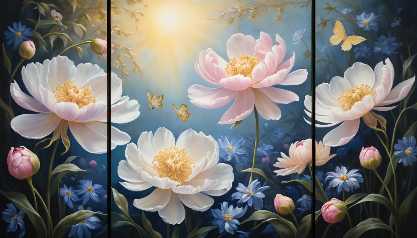 Ethereal triptych of luminous fantasy flowers in gold