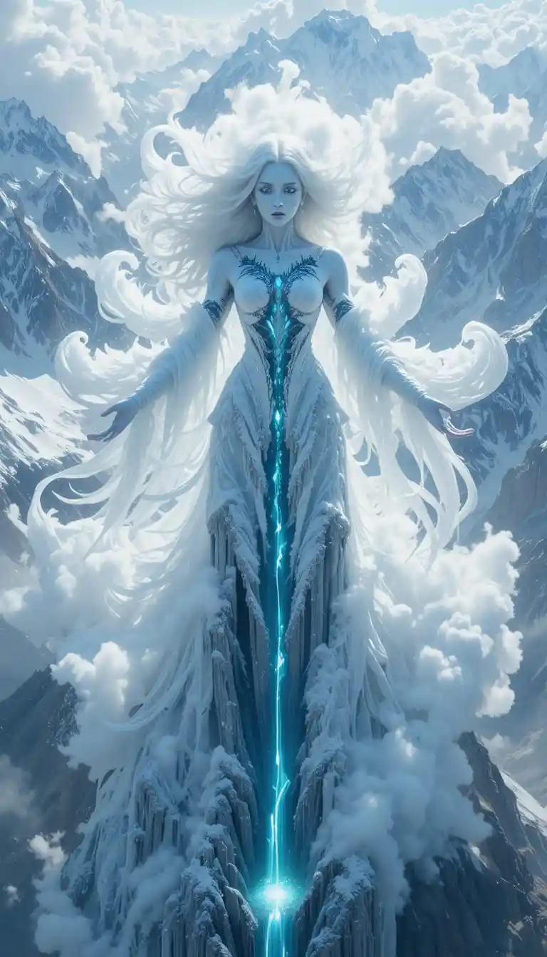 Ethereal stone goddess rising from snowy mountain peaks