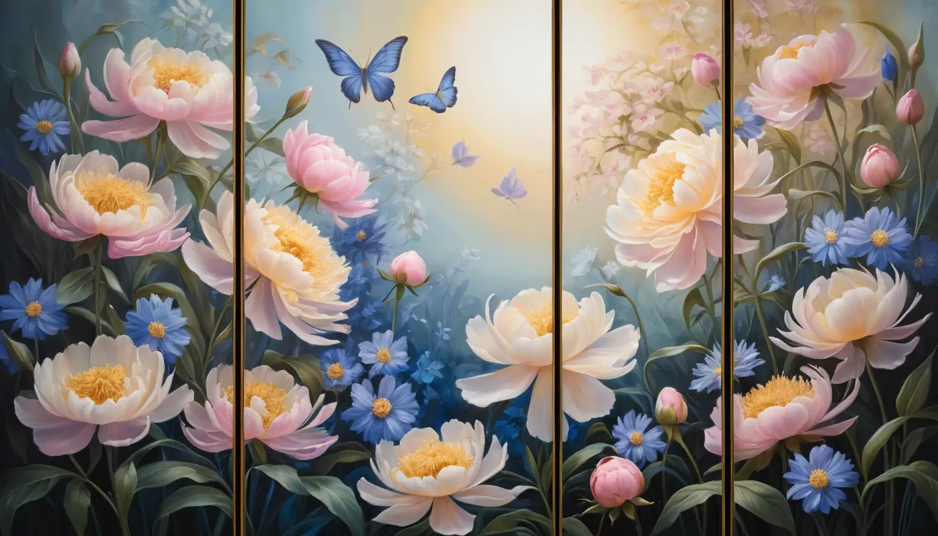Ethereal triptych of luminous flowers in golden light