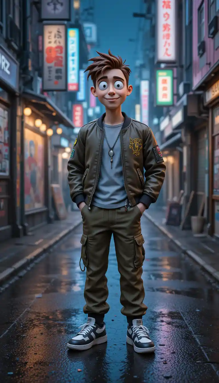 Designer streetwear figurine on neon lit Tokyo alley