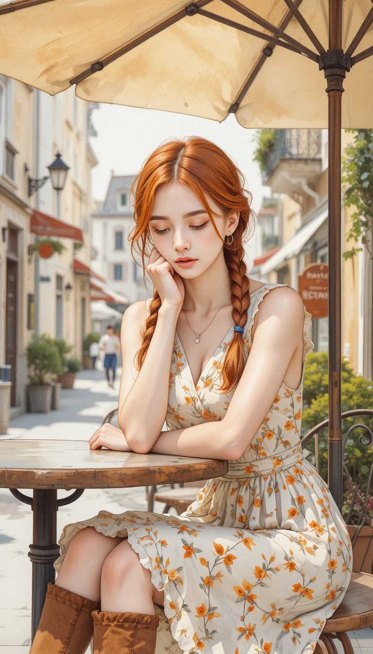 Pensive red haired girl at a quiet outdoor cafe