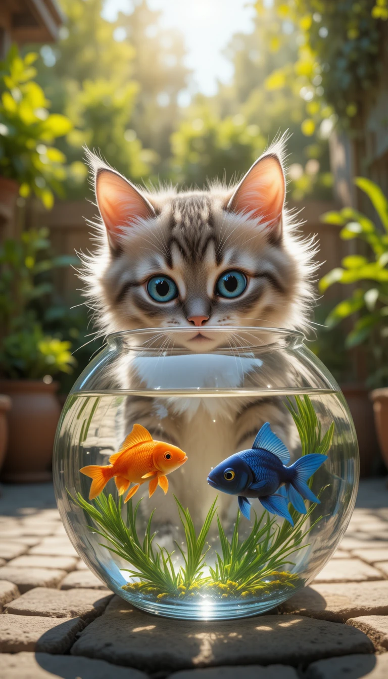 Curious blue eyed cat watching goldfish in a glass bowl