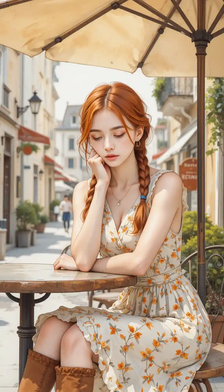 Pensive red haired girl at a quiet outdoor cafe