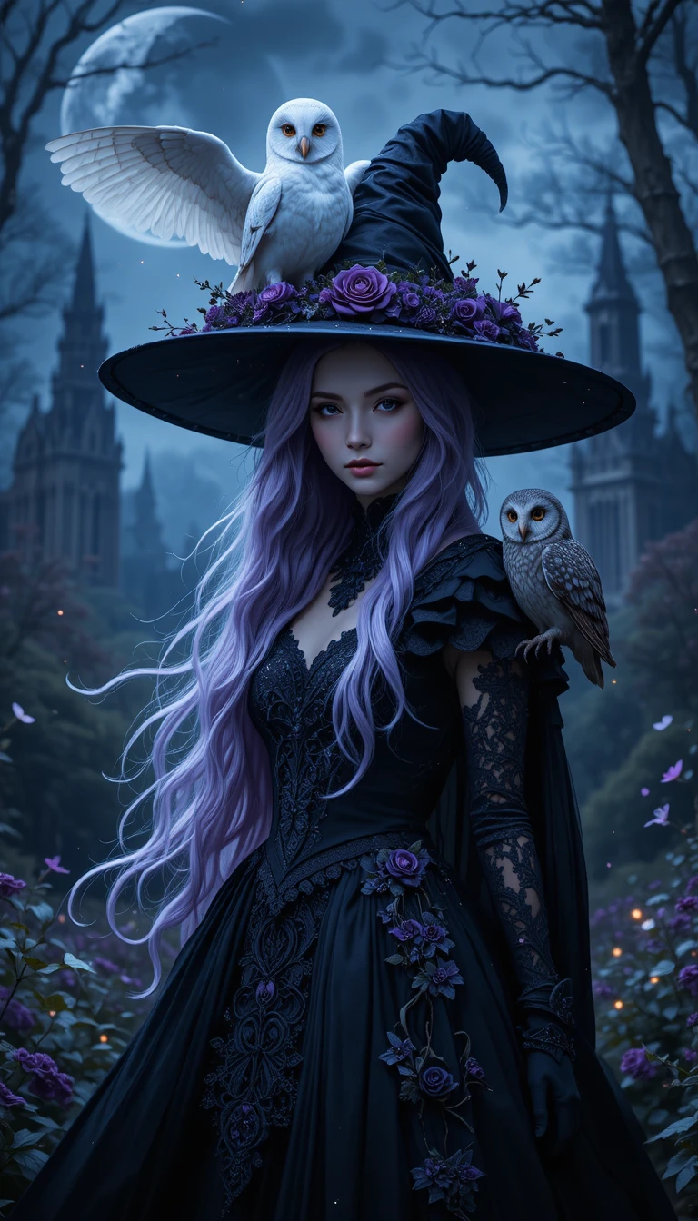 Mystical witch with owls beneath a crescent moon