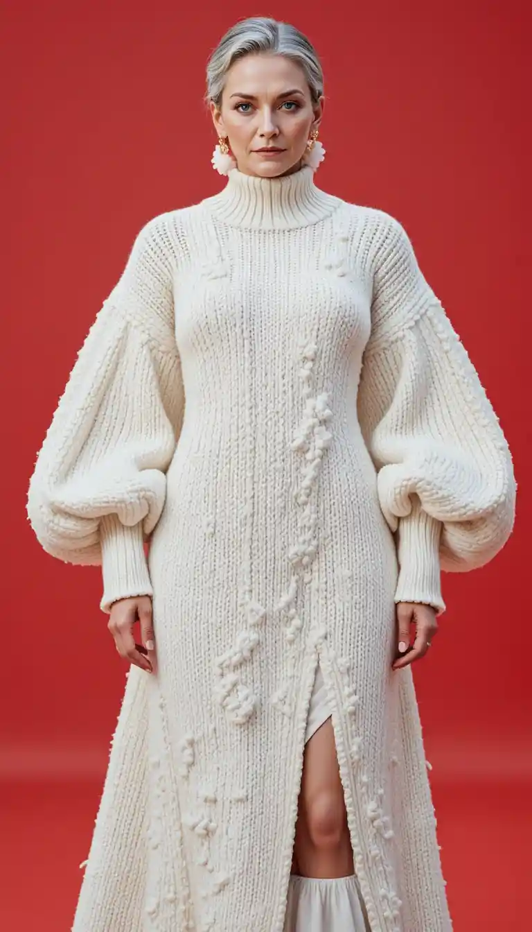 Confident older woman in ivory knit sweater dress